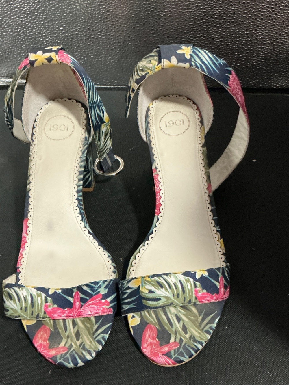 1901 Navy Floral Ankle-Strap Sandals with Pink and Green Print
